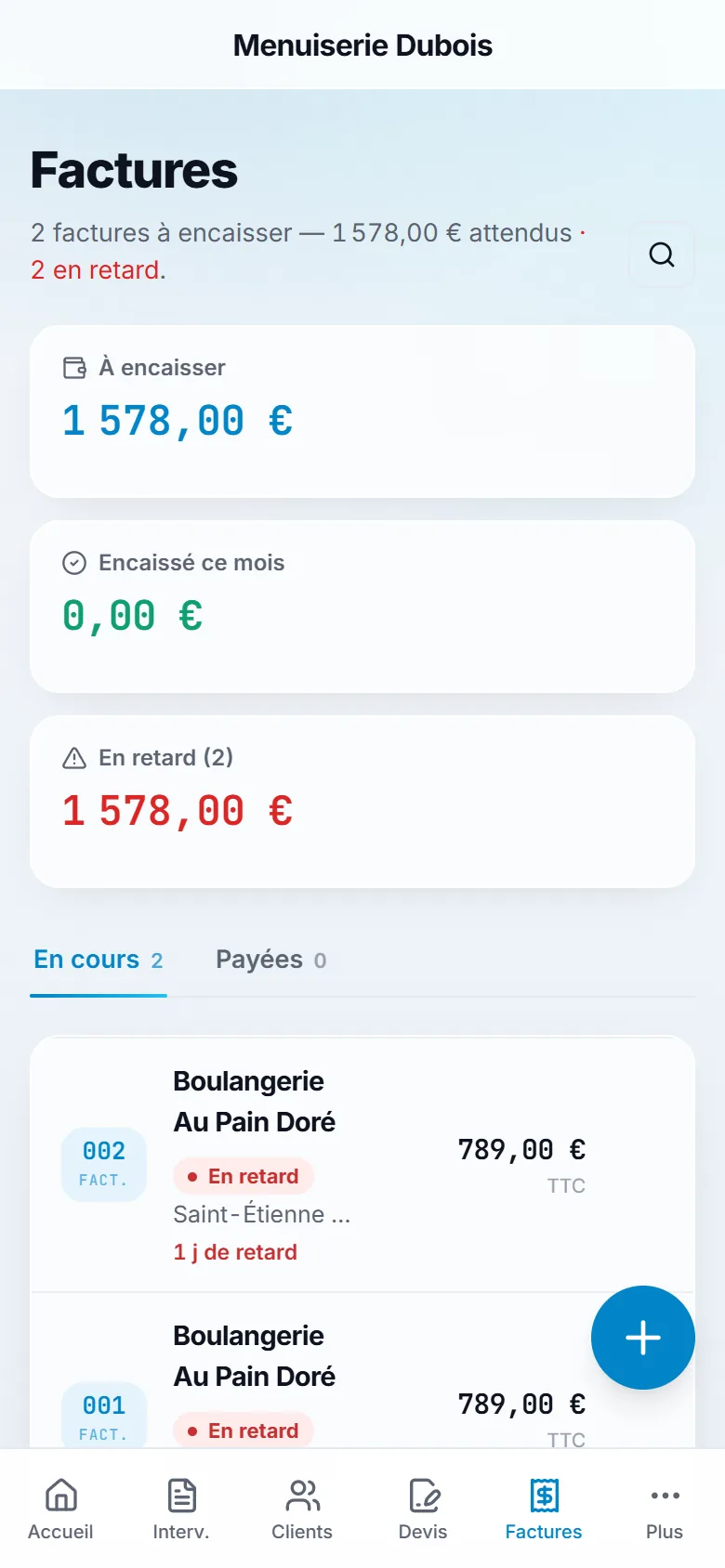 La liste des factures dans l'application Arti.AI
